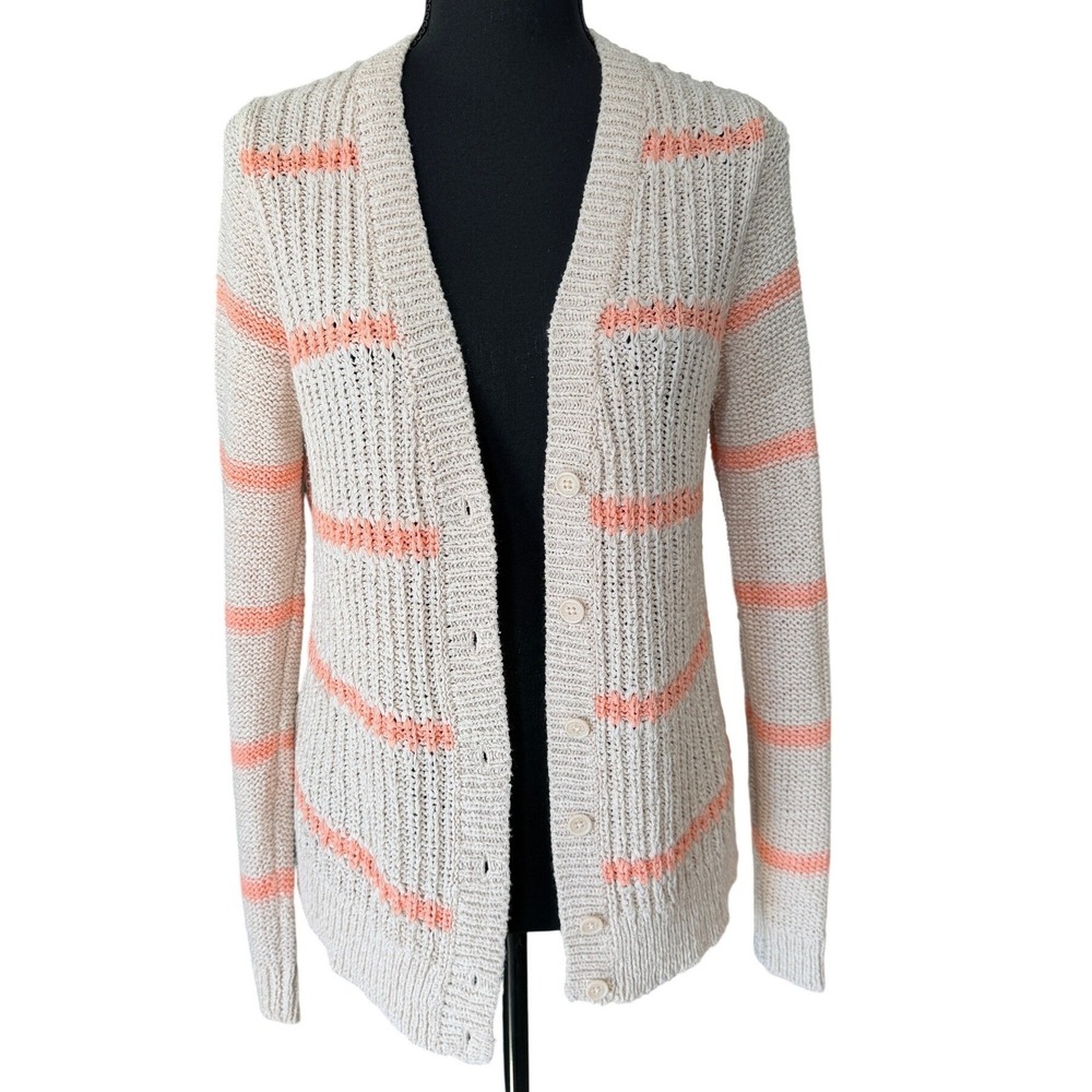 Loft Cardigan Sweater Womens M Beige Coral Striped Coastal Grandma Boho Preppy